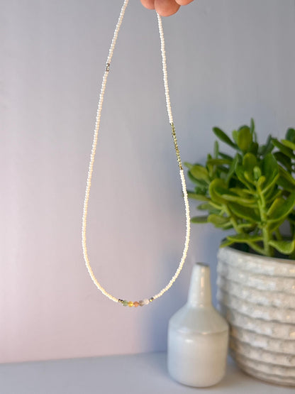 Delicate Gemstone Necklace, Seed Bead Choker, Sterling Silver Magnetic Closure, Minimalist Boho Style Jewelry