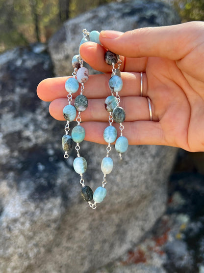 Larimar Gemstone & Sterling Silver Handcrafted Link Necklace, Magnetic Clasp Closure, Minimalist Boho Style Vibes