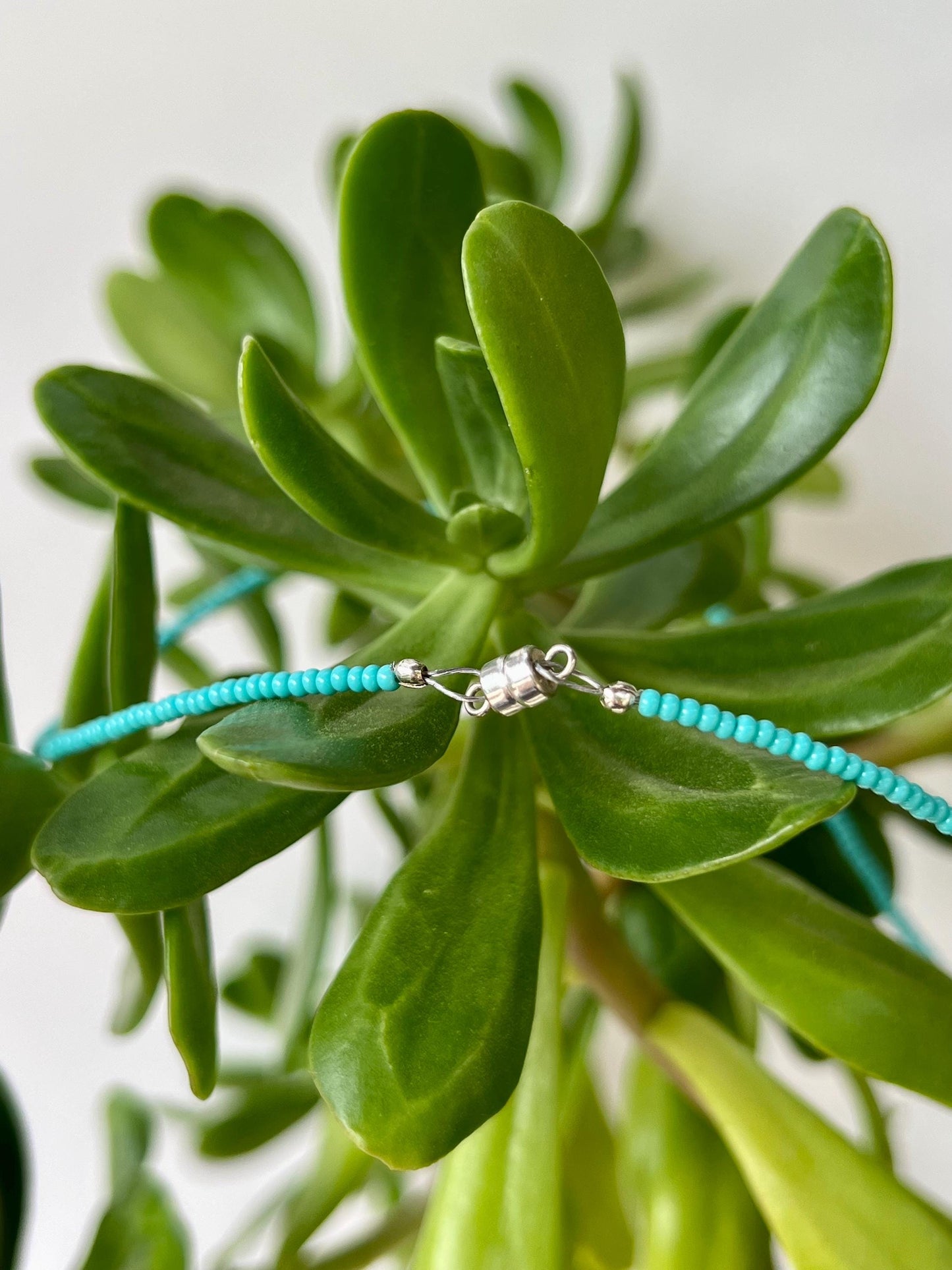 Teal Seed Bead Choker: Sterling Silver Boho Necklace with Red Flower