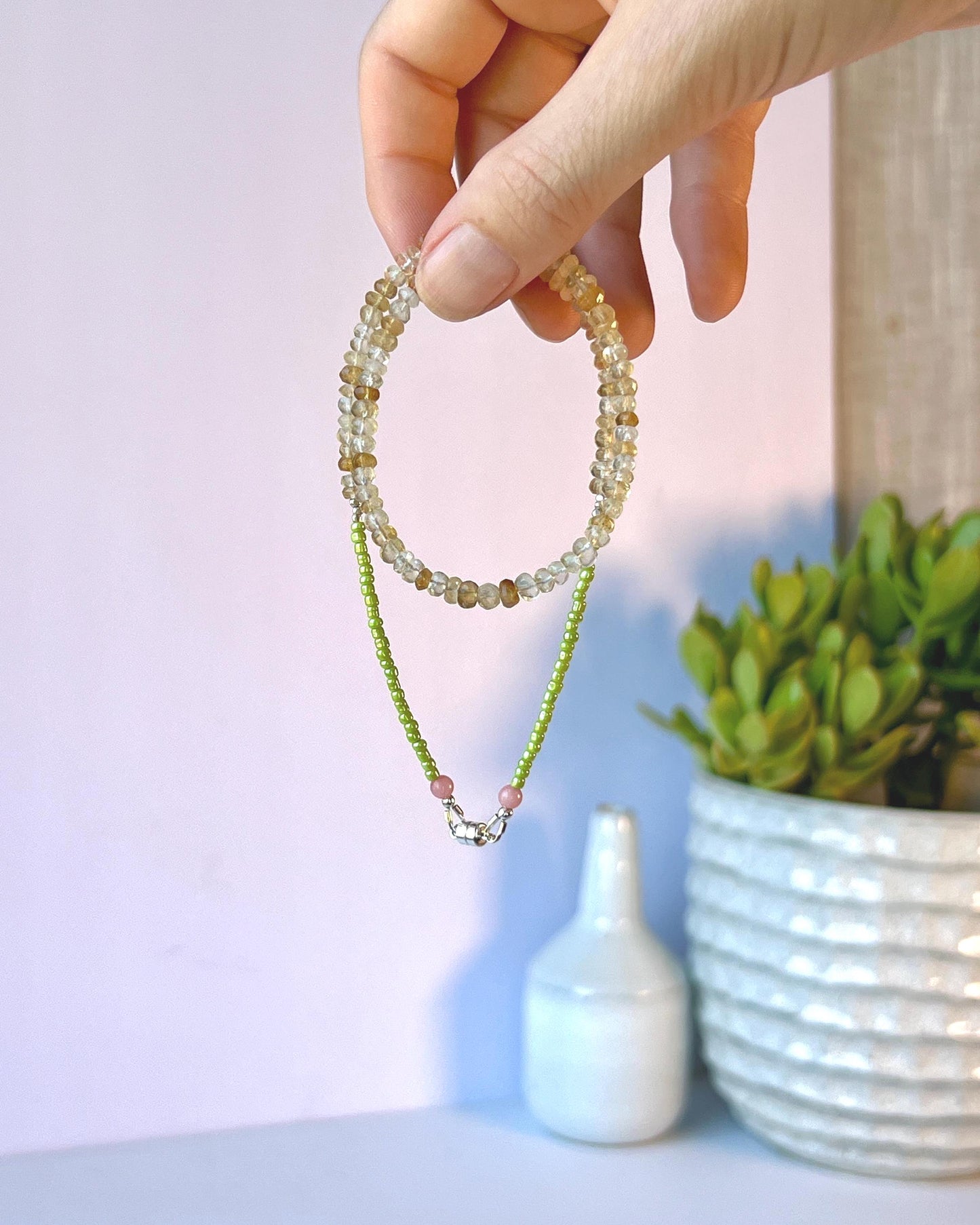 Funky Citrine Gemstone Necklace, Sterling Silver Magnetic Closure, Minimalist Boho Style