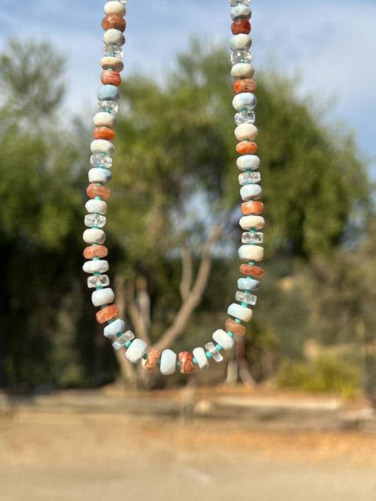 Mixed Gemstone Necklace, Sunstone Aquamarine Peruvian Opal, Magnetic Clasp Closure, Bold Boho Jewelry