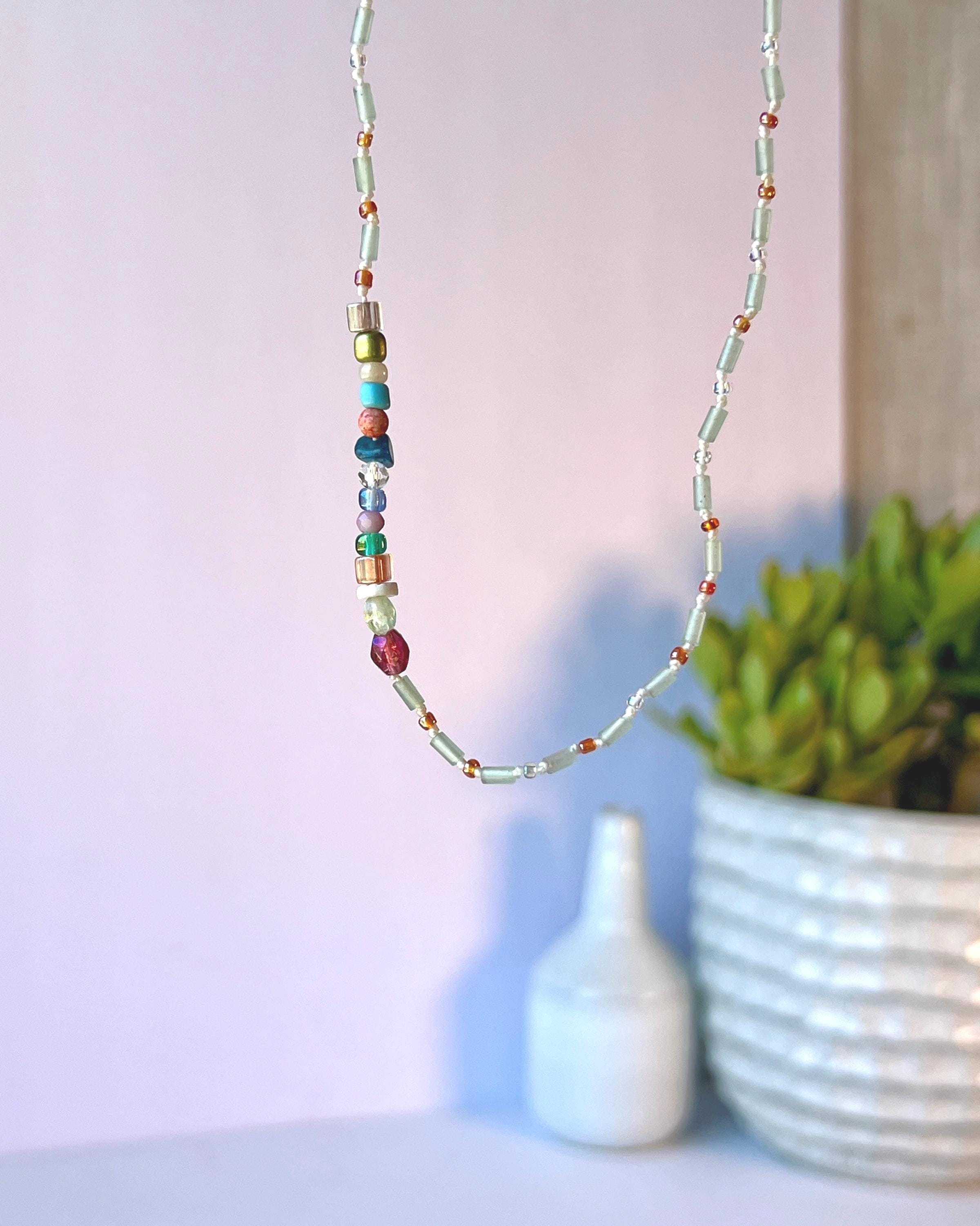 Hand Knotted Beaded Gemstone Necklace Sterling Silver Magnetic Closure Clasp Minimalist Boho Style Jewelry