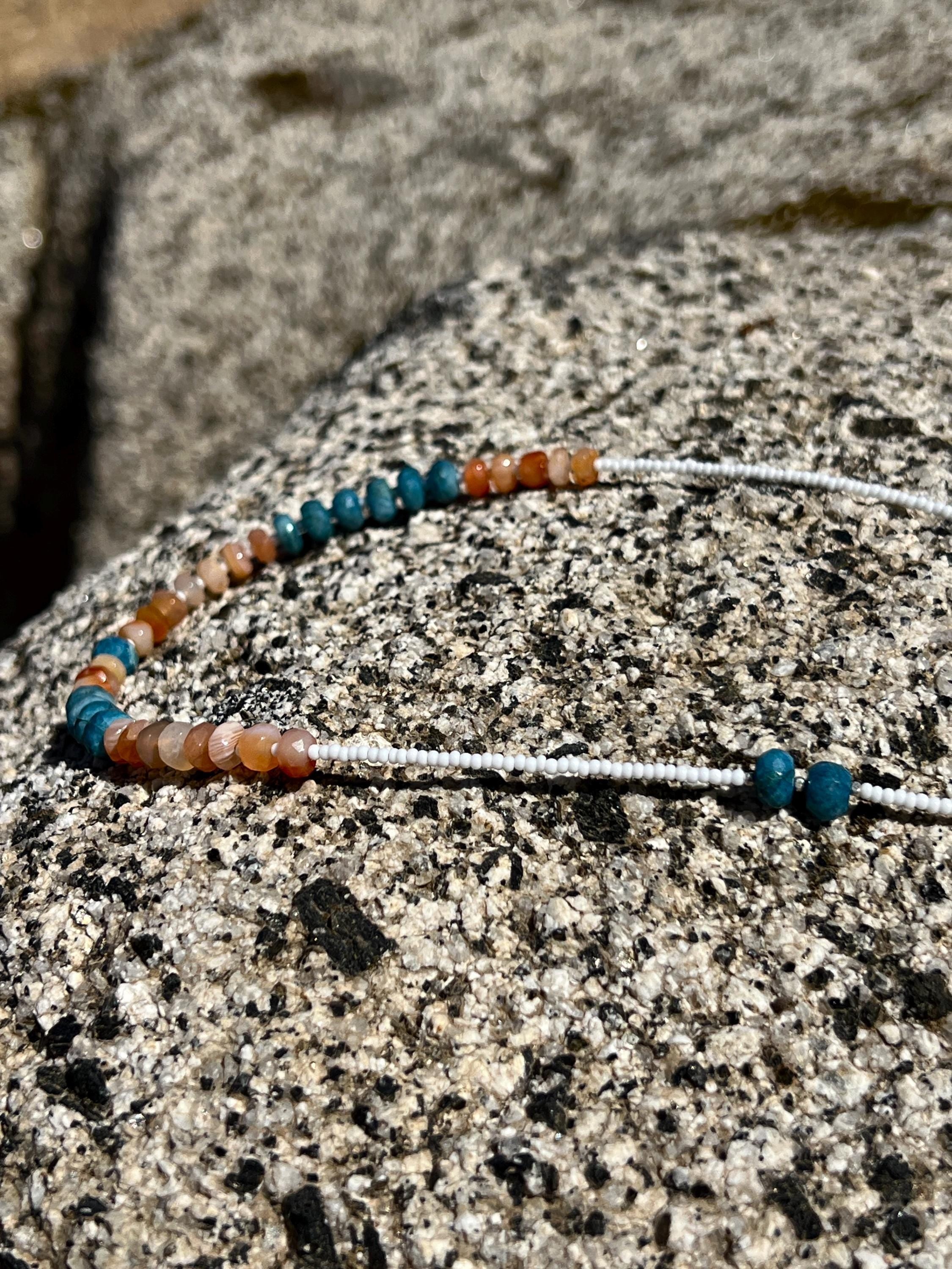 Carnelian & Apatite Gemstone Necklace, Sterling Silver Magnetic Closure, Bold Boho Eclectic Style