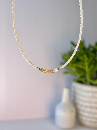 Delicate Gemstone Necklace, Seed Bead Choker, Sterling Silver Magnetic Closure, Minimalist Boho Style Jewelry