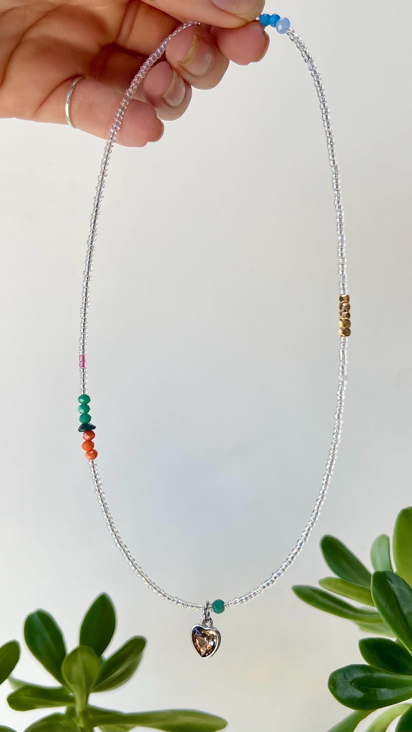 Seed Bead Heart Charm Necklace: Sterling Silver Magnetic Clasp, Boho Jewelry