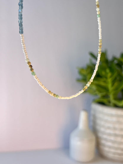 Delicate Gemstone and Seed Bead Choker Sterling Silver Magnetic Closure Necklace Minimalist Boho Style