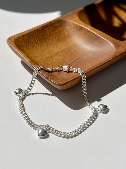 Sterling Silver Heart Charm Bracelet: Minimalist Cuban Curb Chain
