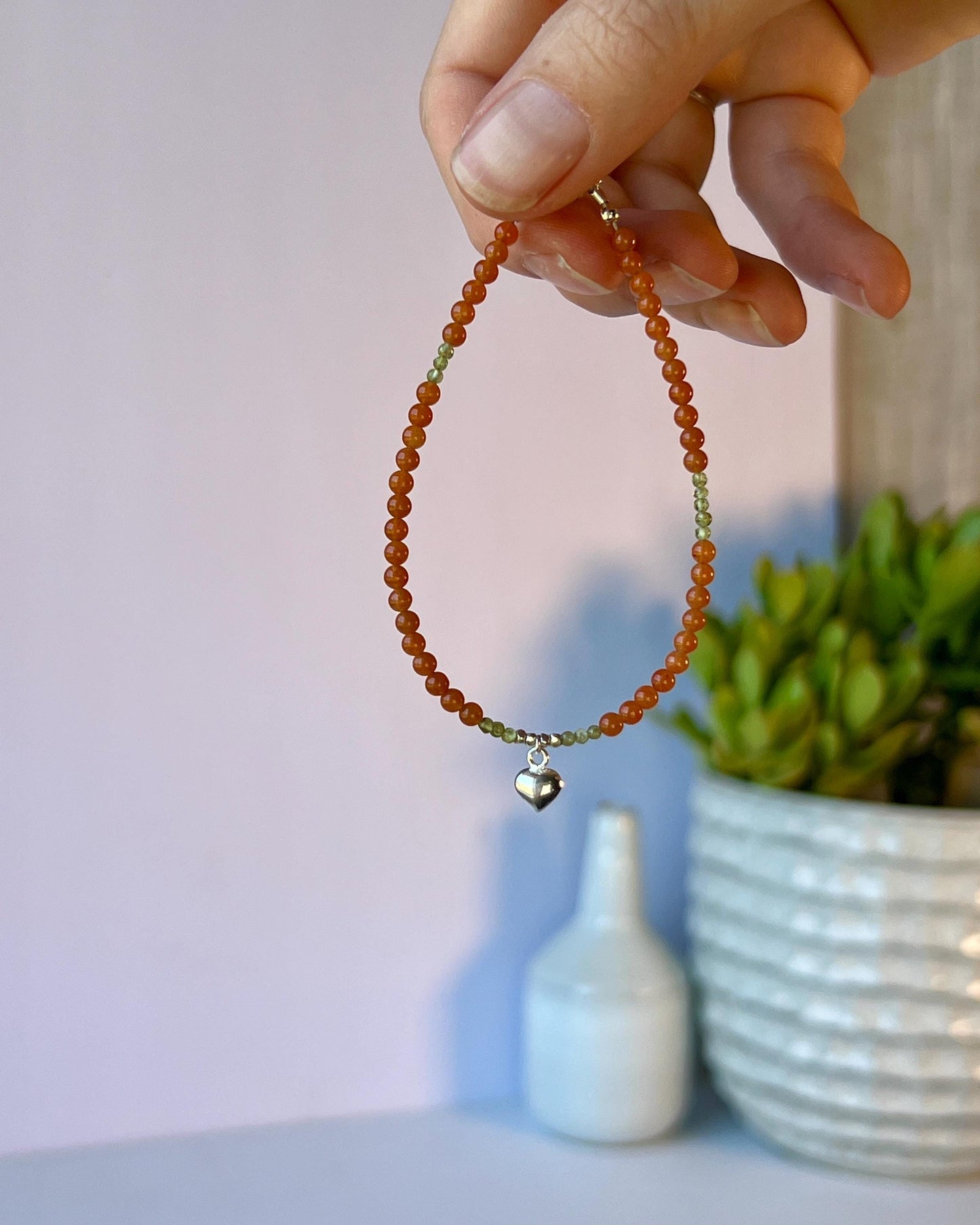 Boho Gemstone Bracelet: Red Aventurine, Green Peridot, Sterling Silver