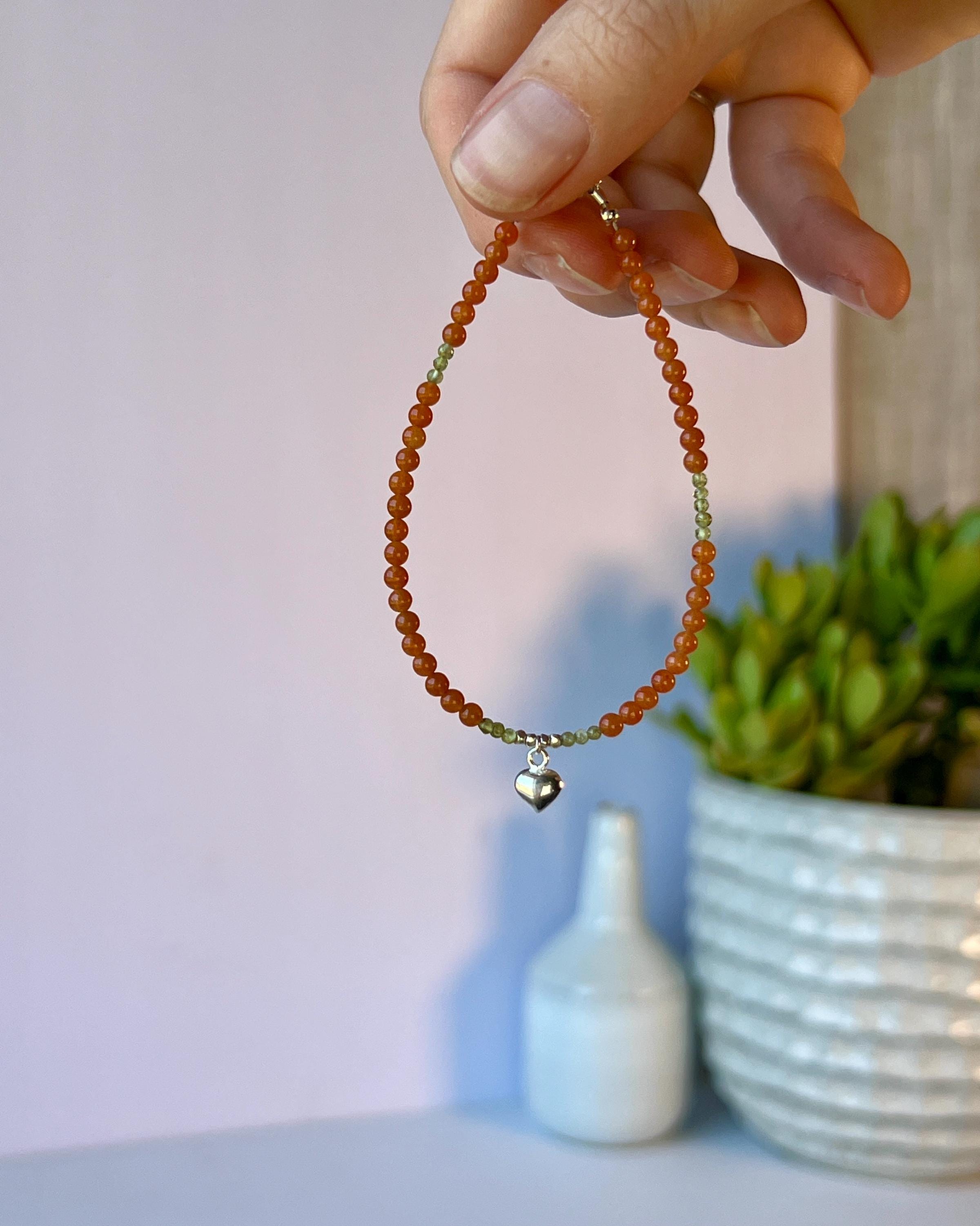 Boho Gemstone Bracelet: Red Aventurine, Green Peridot, Sterling Silver