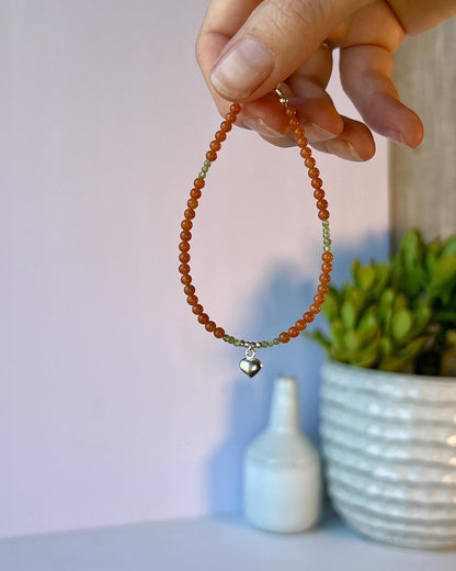 Boho Gemstone Bracelet: Red Aventurine, Green Peridot, Sterling Silver