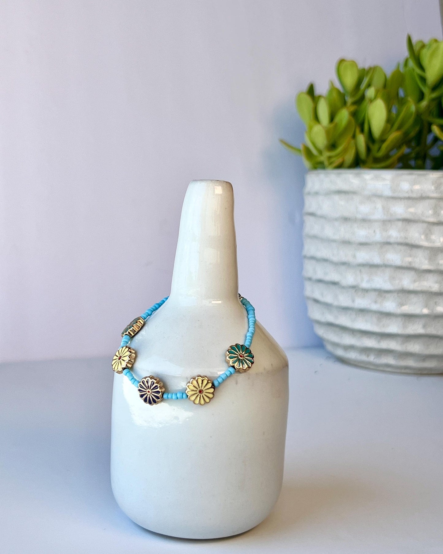 Colorful Retro Boho Floral Beaded Bracelet Sterling Silver Magnetic Clasp Closure