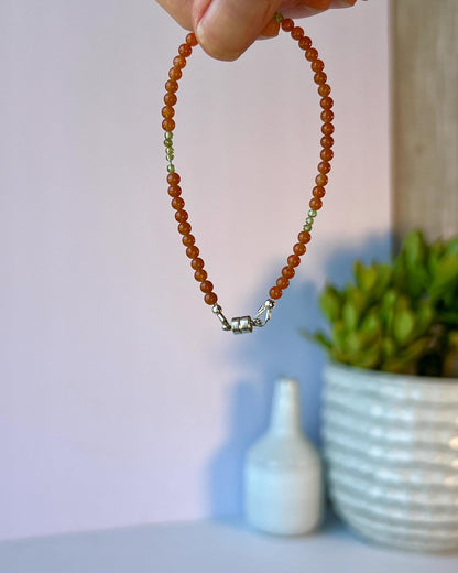 Boho Gemstone Bracelet: Red Aventurine, Green Peridot, Sterling Silver