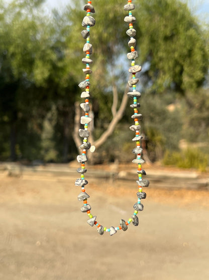 Stone Chip Bead Necklace, Sterling Silver Magnetic Clasp, Eclectic Boho Design
