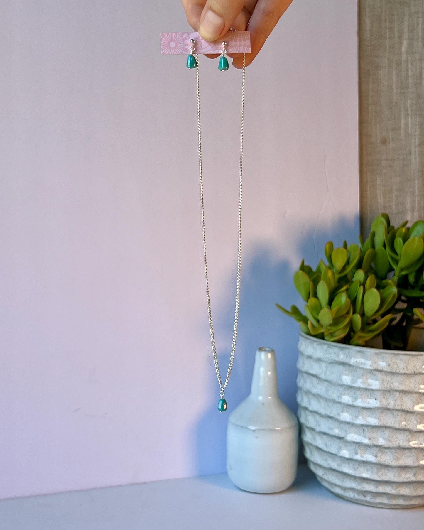 Sterling Silver Turquoise Bead Necklace & Earrings Set: Boho Minimalist Jewelry