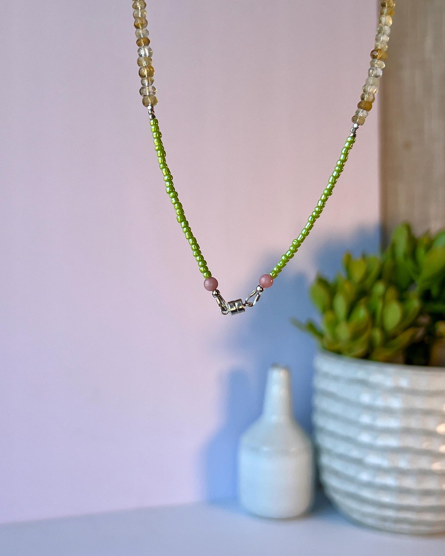 Funky Citrine Gemstone Necklace, Sterling Silver Magnetic Closure, Minimalist Boho Style