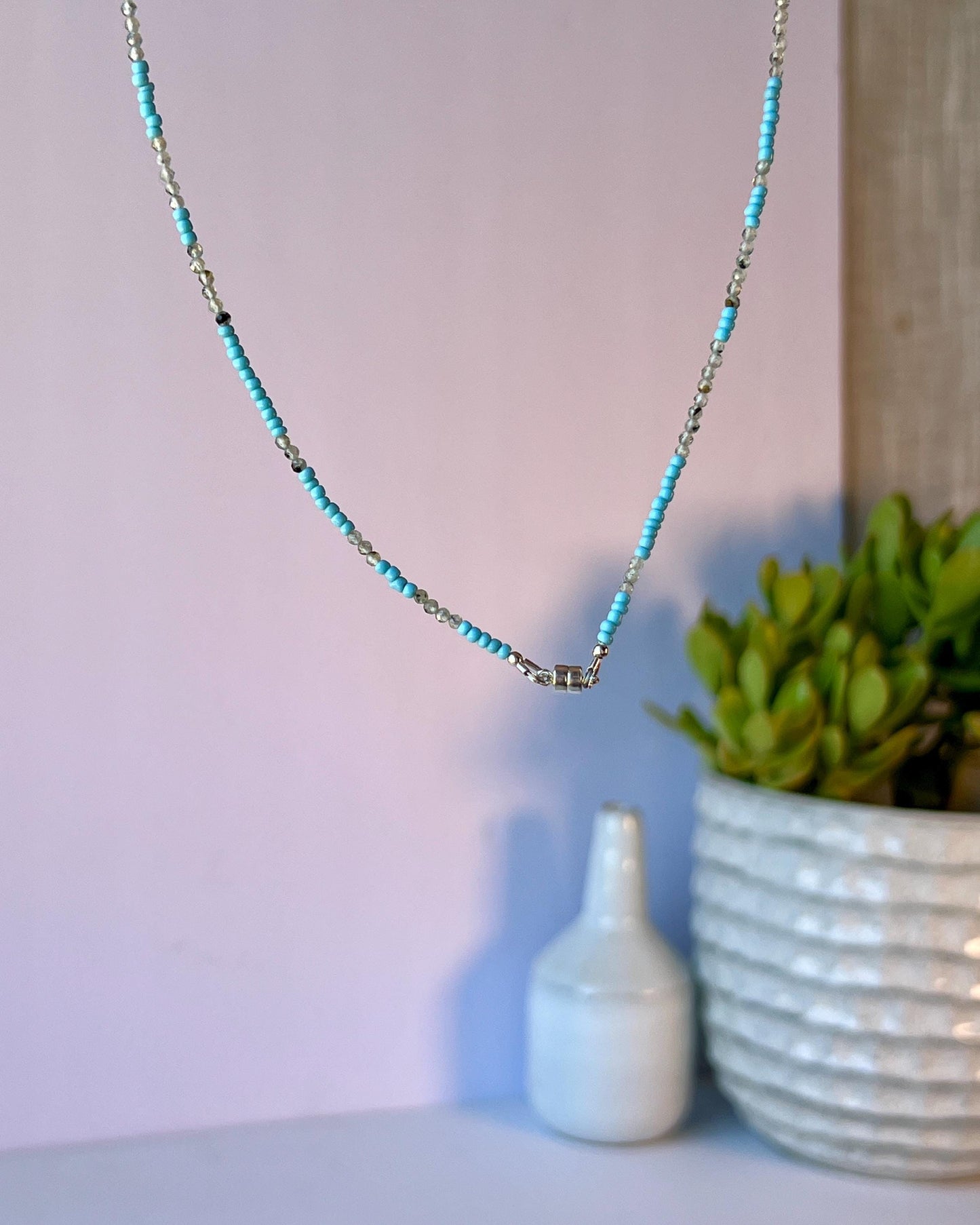 Delicate Gemstone and Seed Bead Choker Sterling Silver Magnetic Closure Necklace Minimalist Boho Style