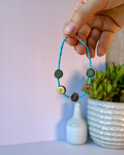 Colorful Retro Boho Floral Beaded Bracelet Sterling Silver Magnetic Clasp Closure