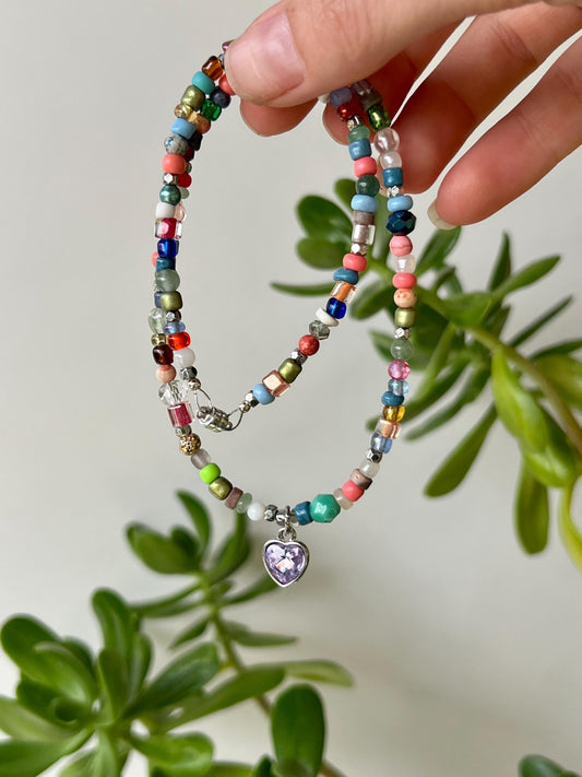 Beaded Choker Necklace: Lavender Heart Charm, Sterling Silver Clasp