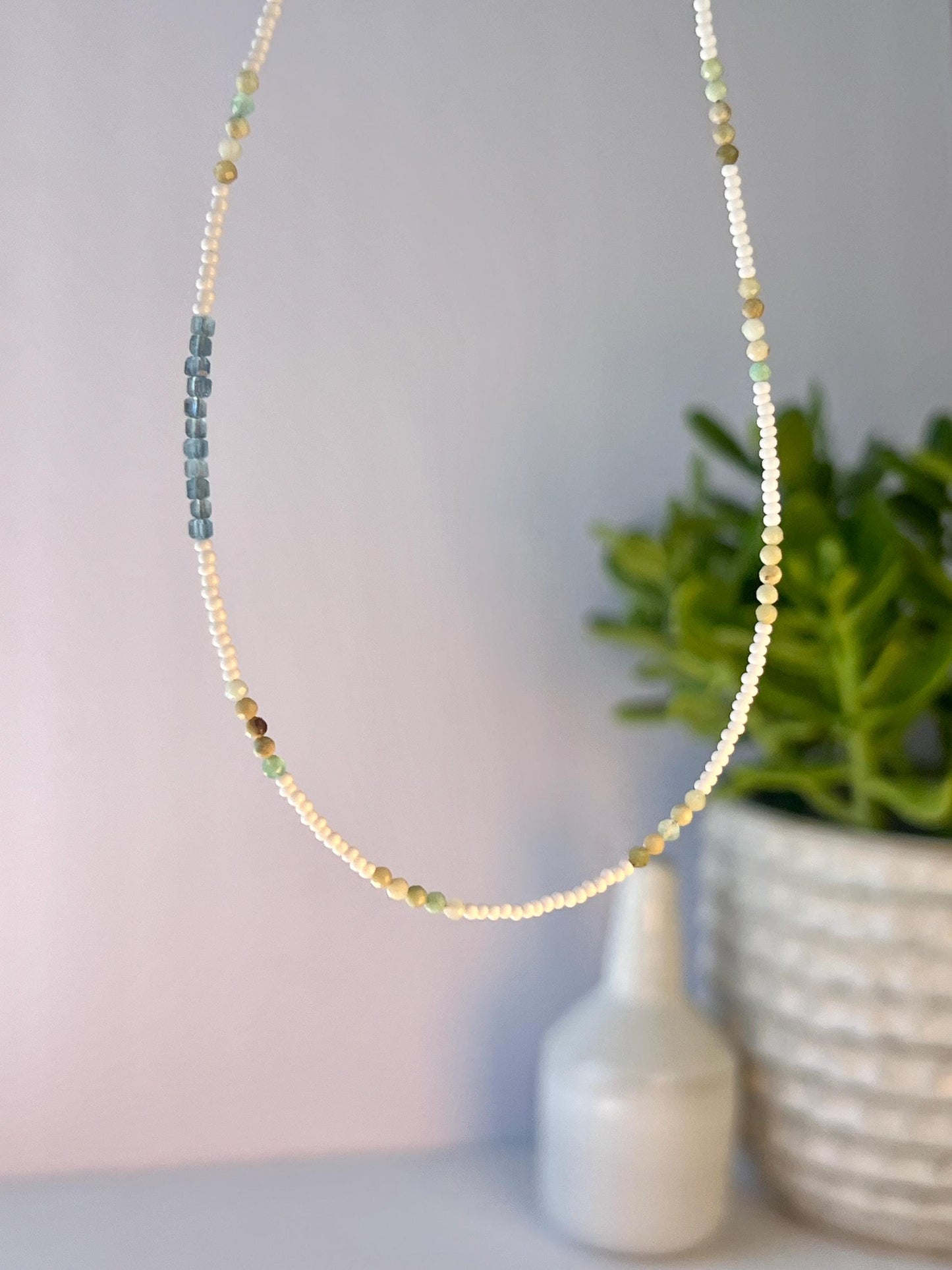 Delicate Gemstone and Seed Bead Choker Sterling Silver Magnetic Closure Necklace Minimalist Boho Style