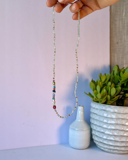 Hand-Knotted Beaded Gemstone Necklace Sterling Silver Magnetic Closure Clasp Minimalist Boho Style Jewelry