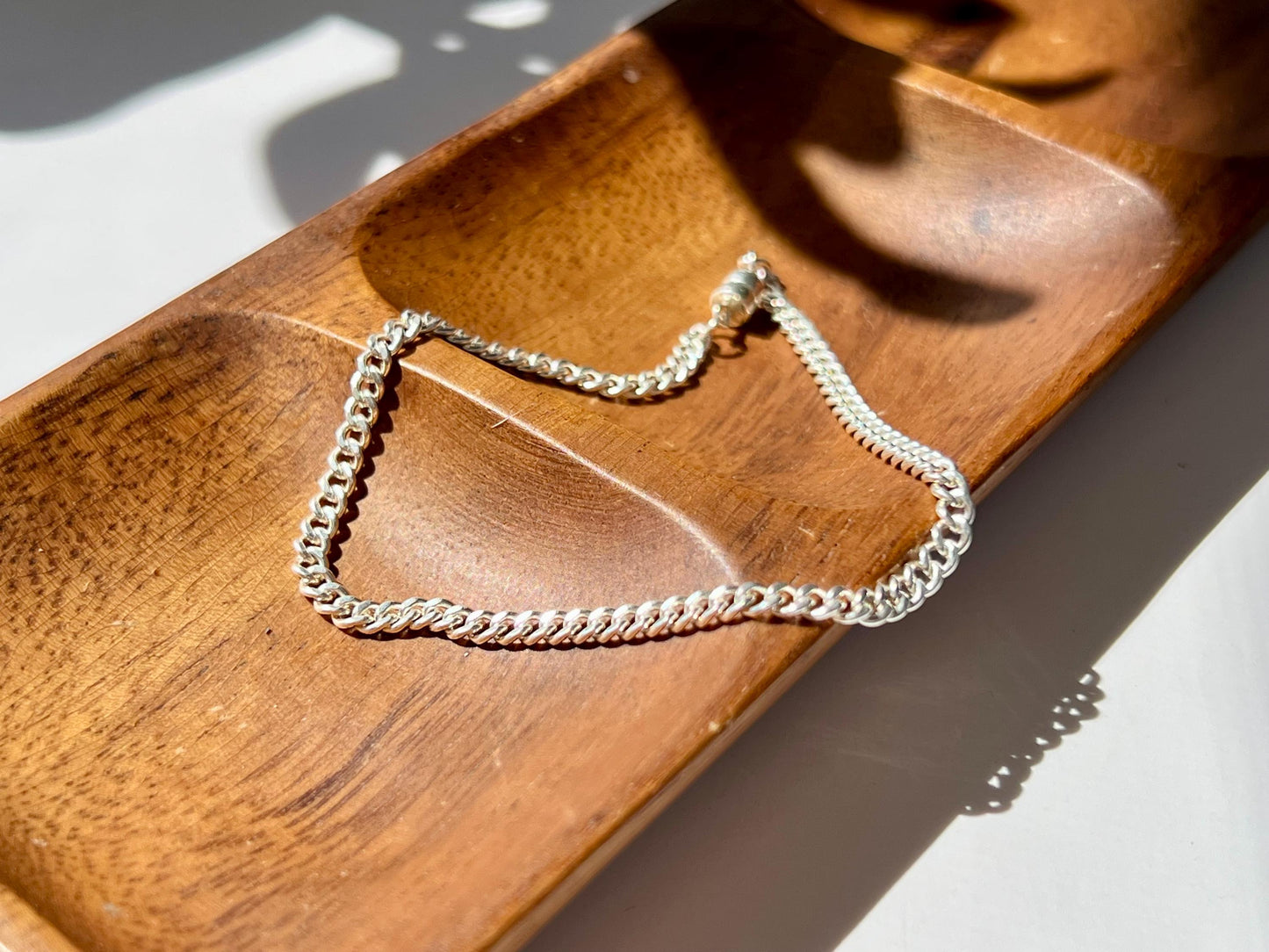 Sterling Silver Curb Link Bracelet Magnetic Clasp 3.15mm Chain Unisex Minimalist Jewelry