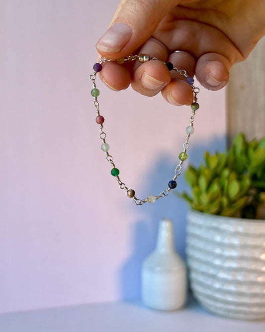 Gemstone Sterling Silver Link Bracelet: Rose Quartz, Jade, Apatite