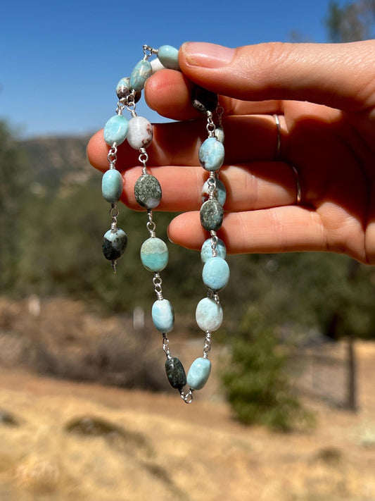 Larimar Gemstone & Sterling Silver Handcrafted Link Necklace, Magnetic Clasp Closure, Minimalist Boho Style Vibes
