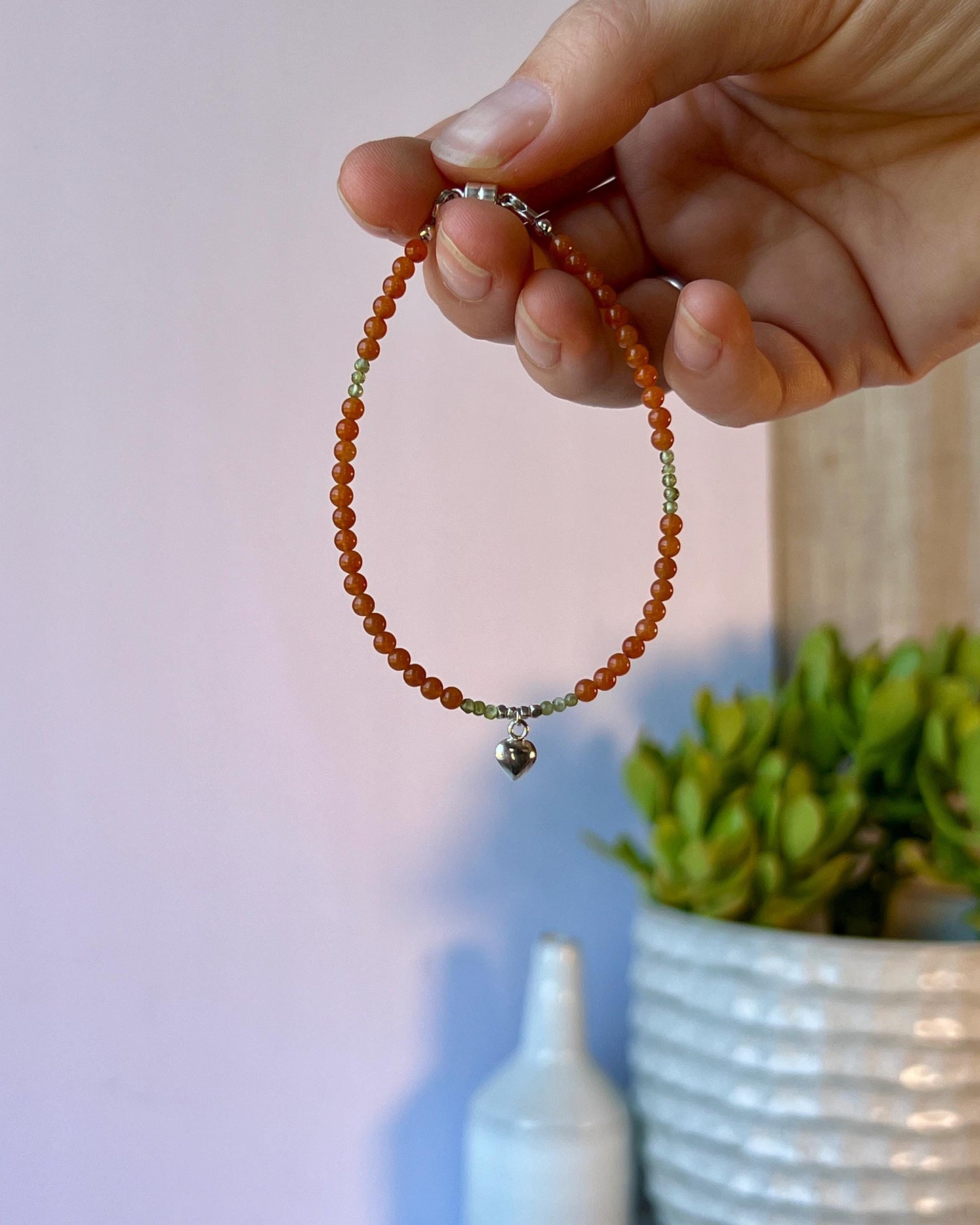 Boho Gemstone Bracelet: Red Aventurine, Green Peridot, Sterling Silver