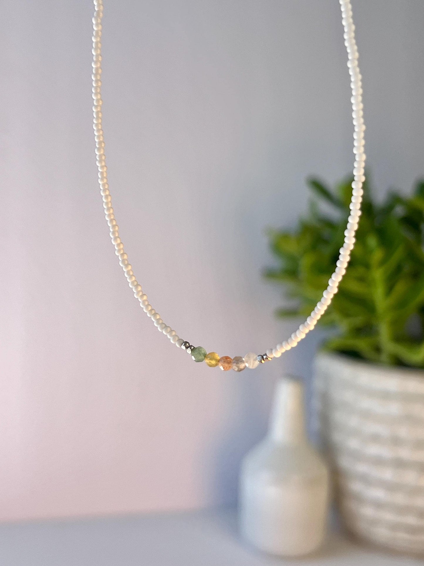 Delicate Gemstone Necklace, Seed Bead Choker, Sterling Silver Magnetic Closure, Minimalist Boho Style Jewelry