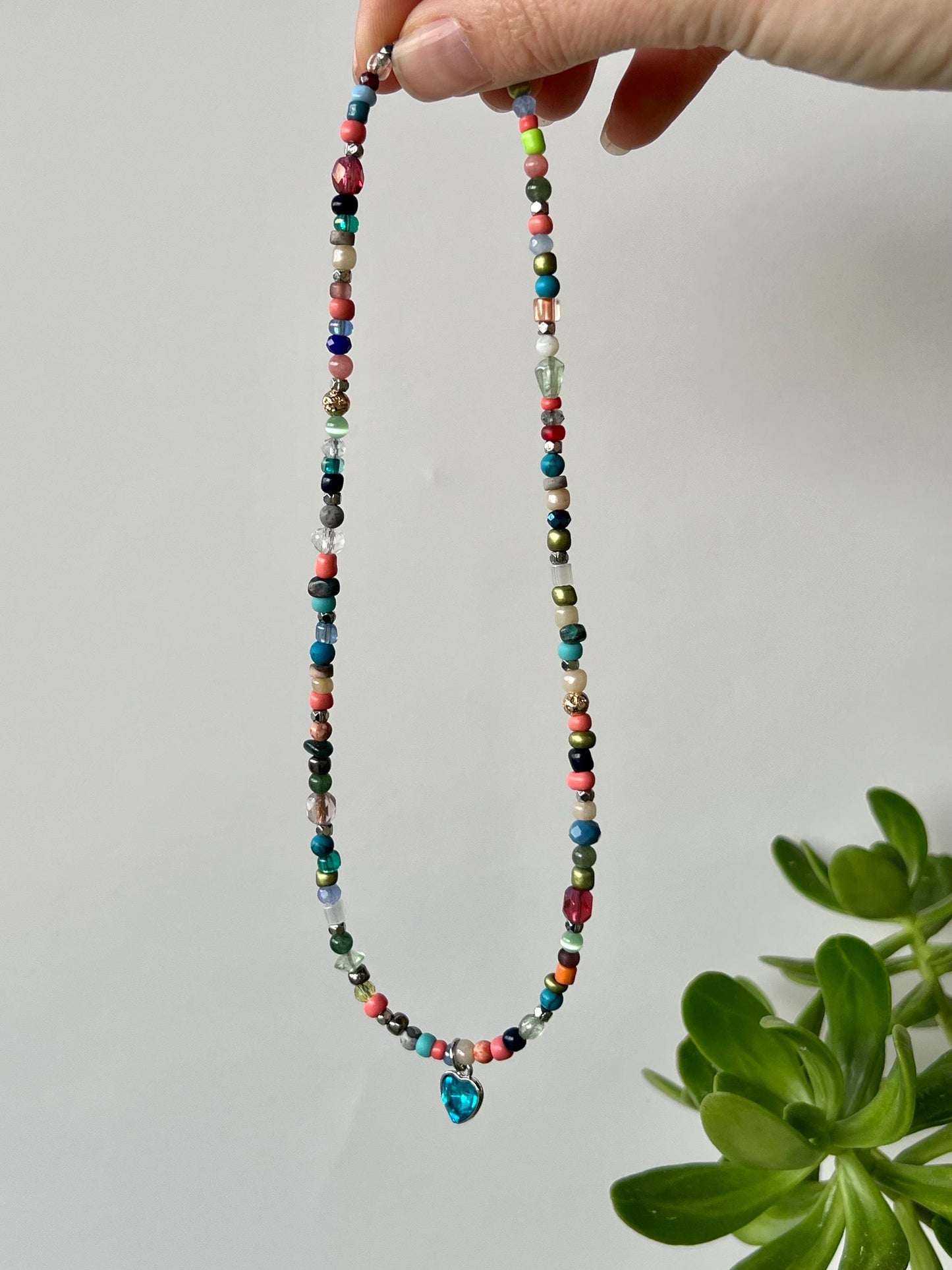 Boho Beaded Choker: Sterling Silver Blue Heart Pendant