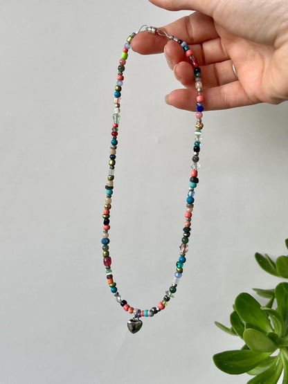 Boho Beaded Choker: Sterling Silver Blue Heart Pendant