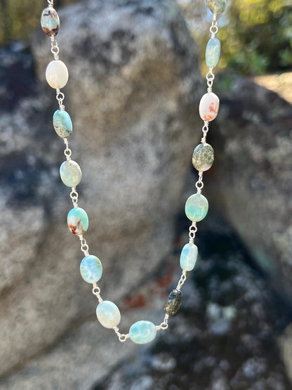 Larimar Gemstone & Sterling Silver Handcrafted Link Necklace, Magnetic Clasp Closure, Minimalist Boho Style Vibes
