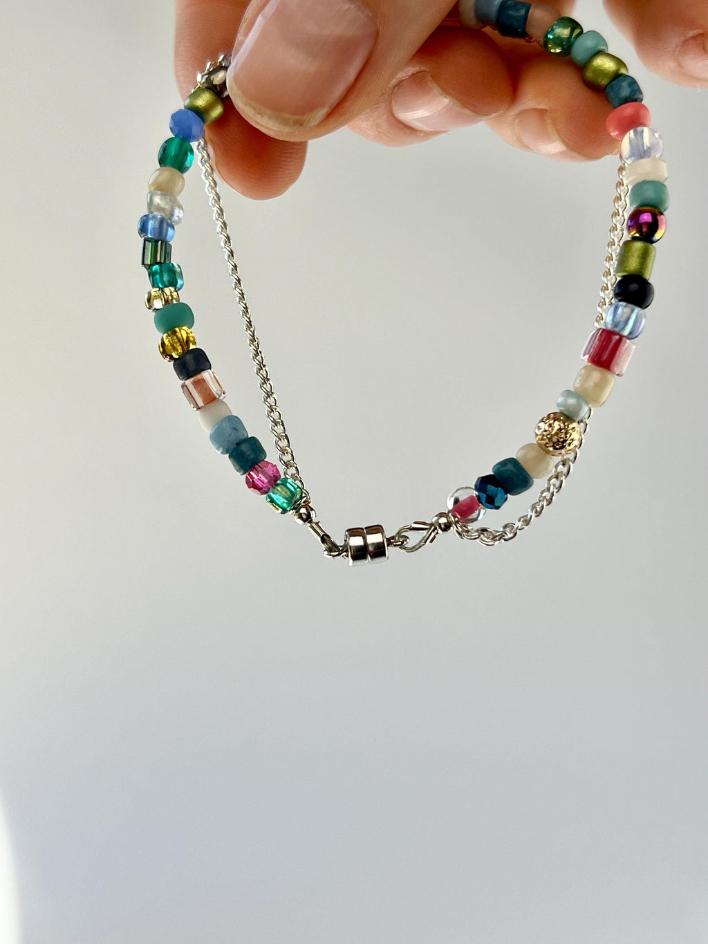 Beaded Sterling Silver Charm Bracelet, Handcrafted Handmade Jewelry, Magnetic Clasp
