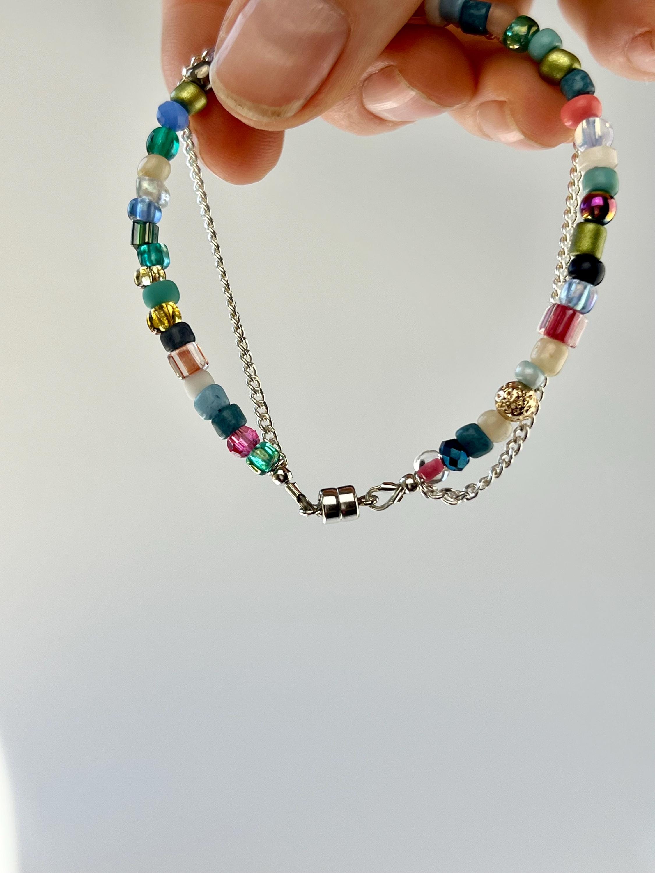 Beaded Sterling Silver Charm Bracelet, Handcrafted Handmade Jewelry, Magnetic Clasp
