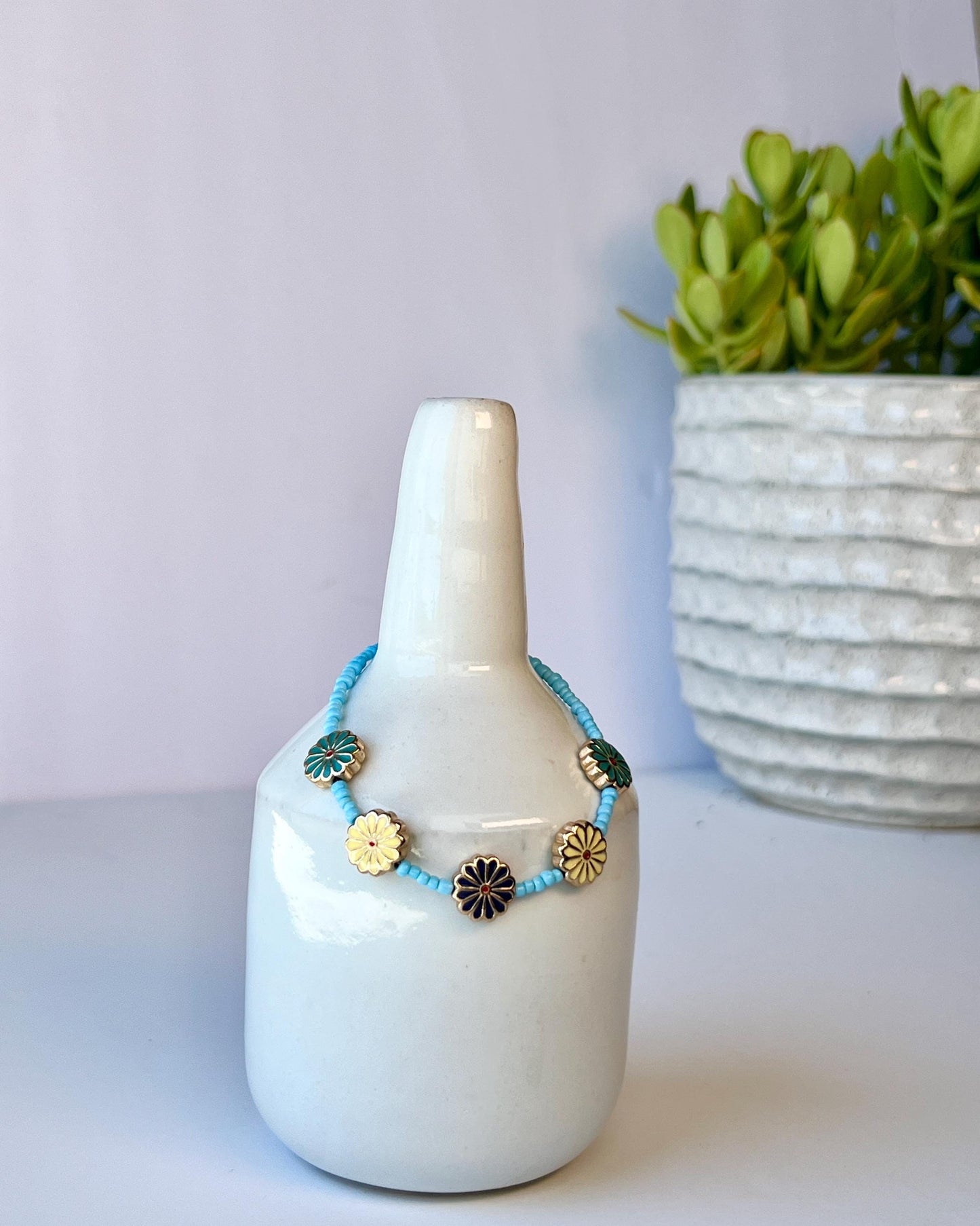 Colorful Retro Boho Floral Beaded Bracelet Sterling Silver Magnetic Clasp Closure