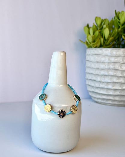 Colorful Retro Boho Floral Beaded Bracelet Sterling Silver Magnetic Clasp Closure