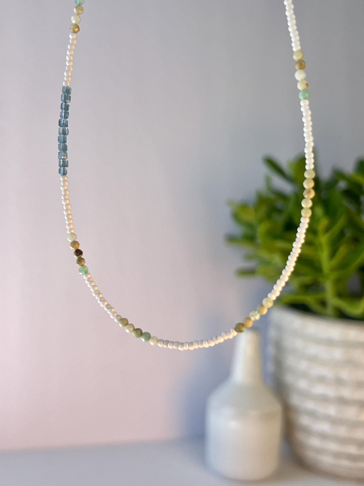 Delicate Gemstone and Seed Bead Choker Sterling Silver Magnetic Closure Necklace Minimalist Boho Style