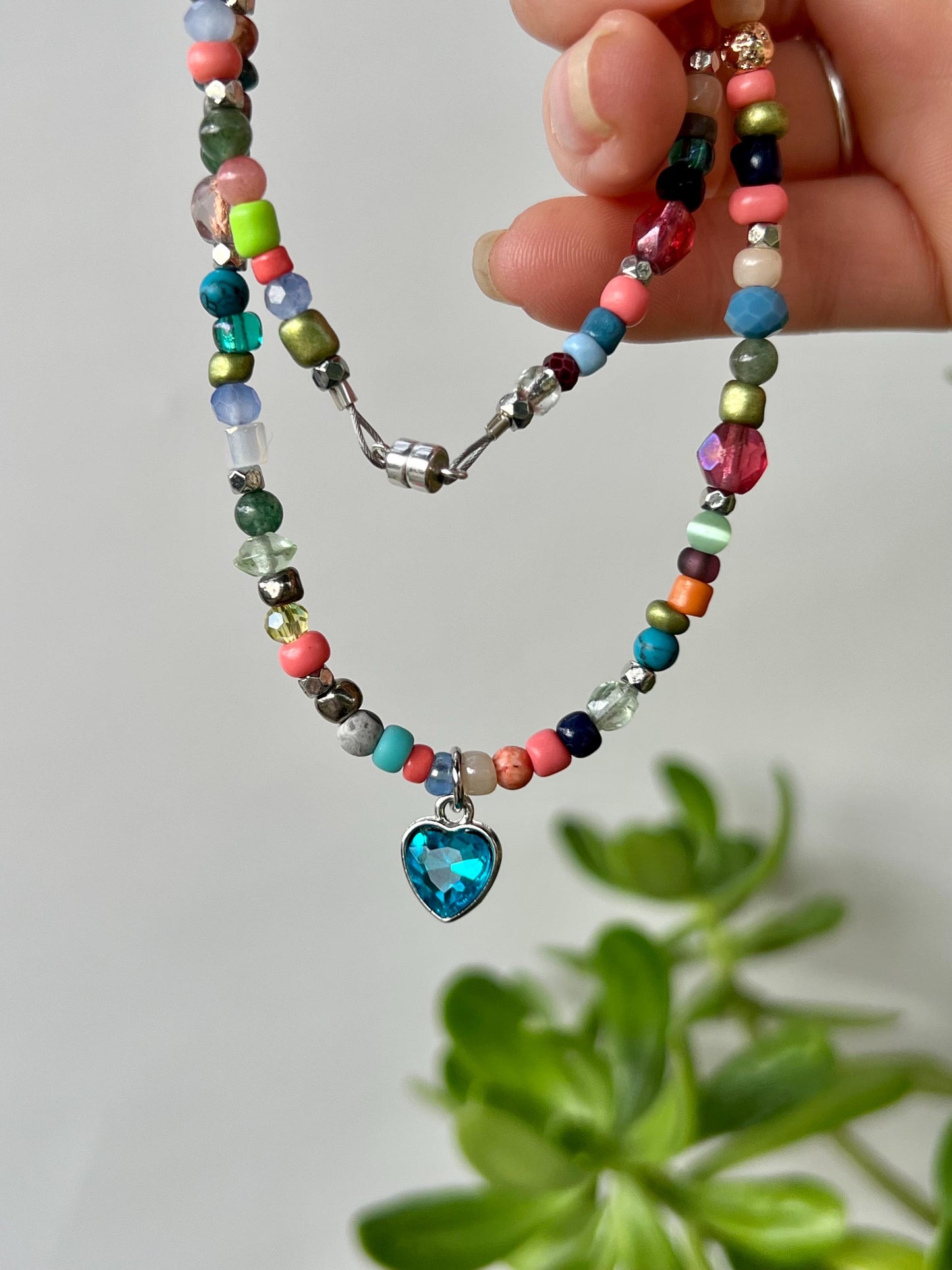 Boho Beaded Choker: Sterling Silver Blue Heart Pendant