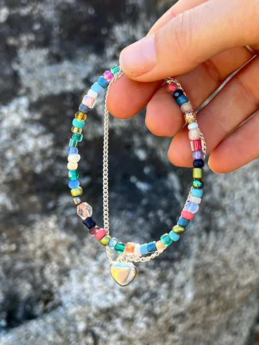 Boho Beaded Sterling Silver Heart Charm Bracelet Handcrafted Handmade Jewelry Magnetic Clasp