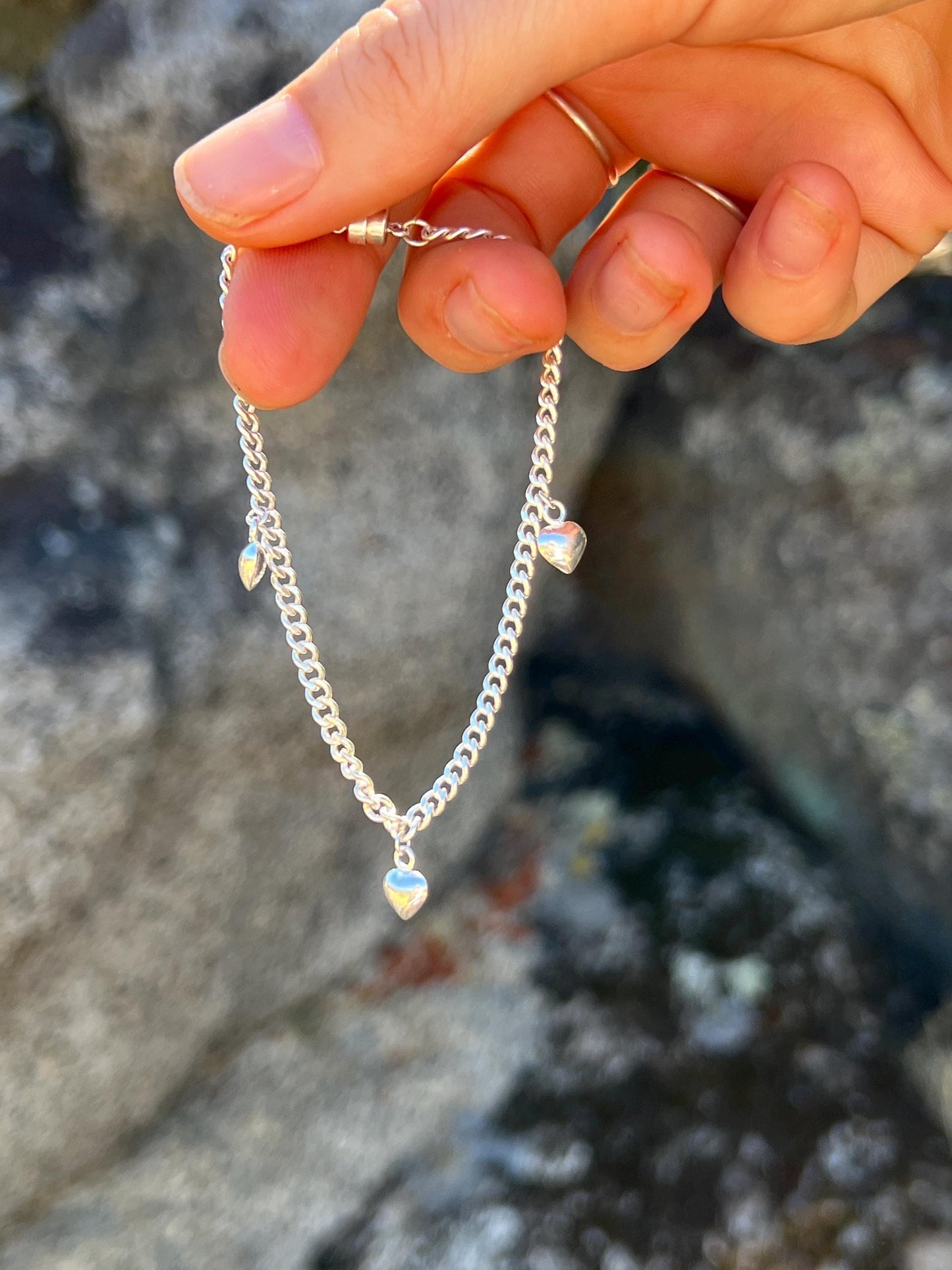 Sterling Silver Heart Charm Bracelet: Minimalist Cuban Curb Chain