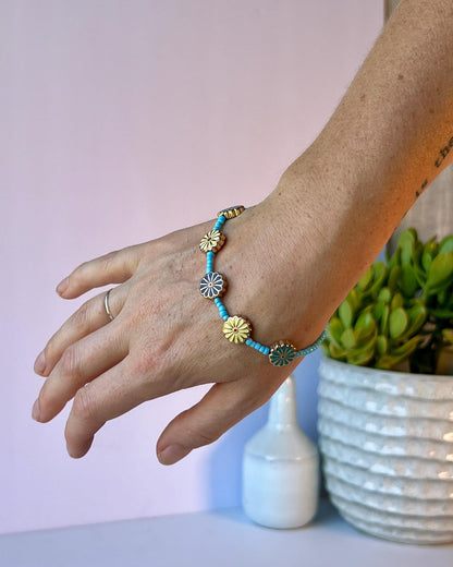 Colorful Retro Boho Floral Beaded Bracelet Sterling Silver Magnetic Clasp Closure