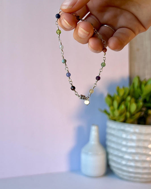 Gemstone Sterling Silver Link Bracelet: Rose Quartz, Jade, Apatite