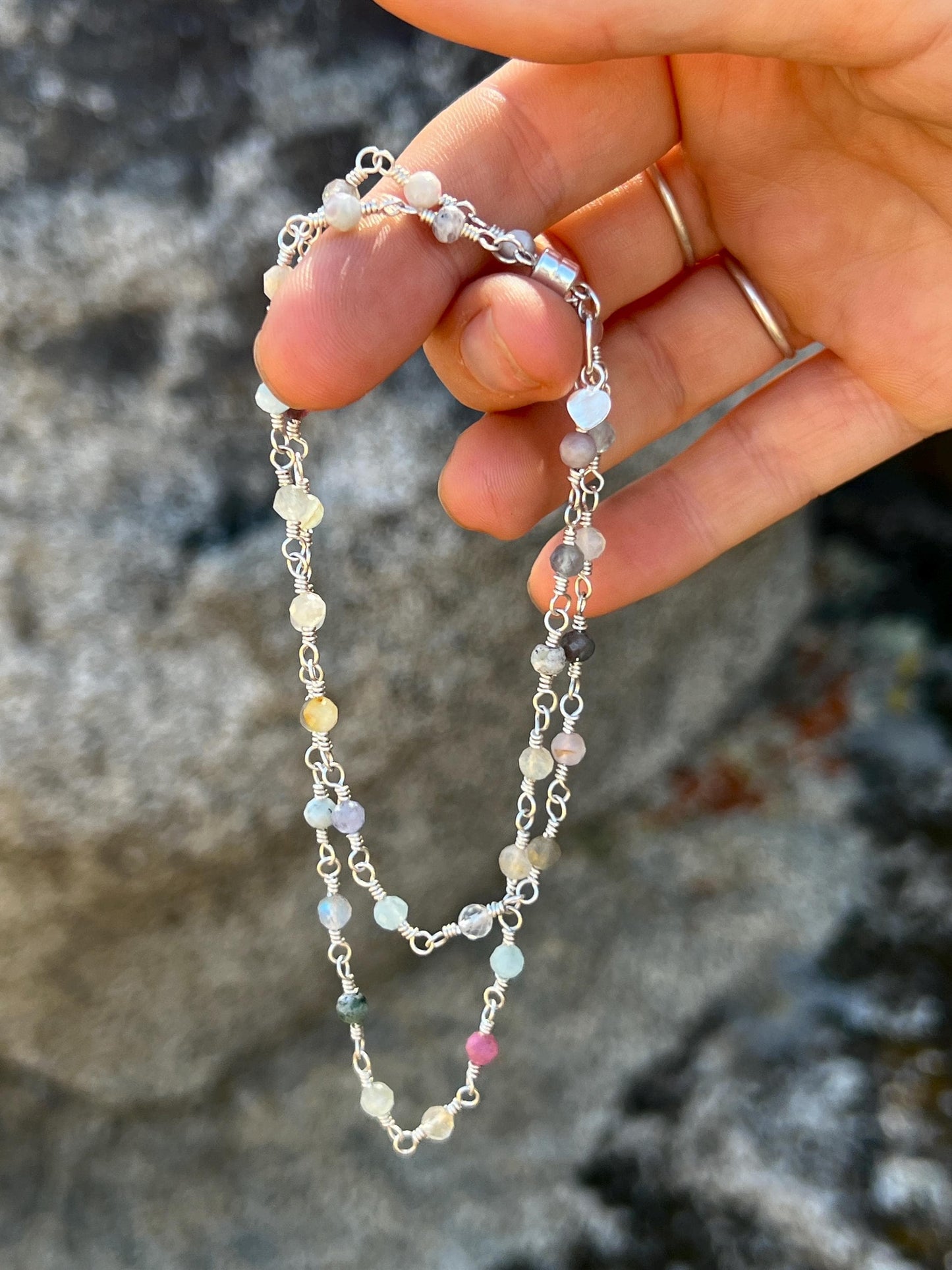 Gemstone & Sterling Silver Link Necklace: Rose Quartz, Jade, Apatite
