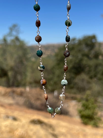 Jasper Gemstone Necklace, Sterling Silver Magnetic Closure, Minimalist Boho Style