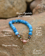 A beaded bracelet made of blue apatite gemstones with dark green nylon thread, a dalmatian jasper gemstone, and a rose gold magnetic clasp, displayed on a rock with handwritten text labels.