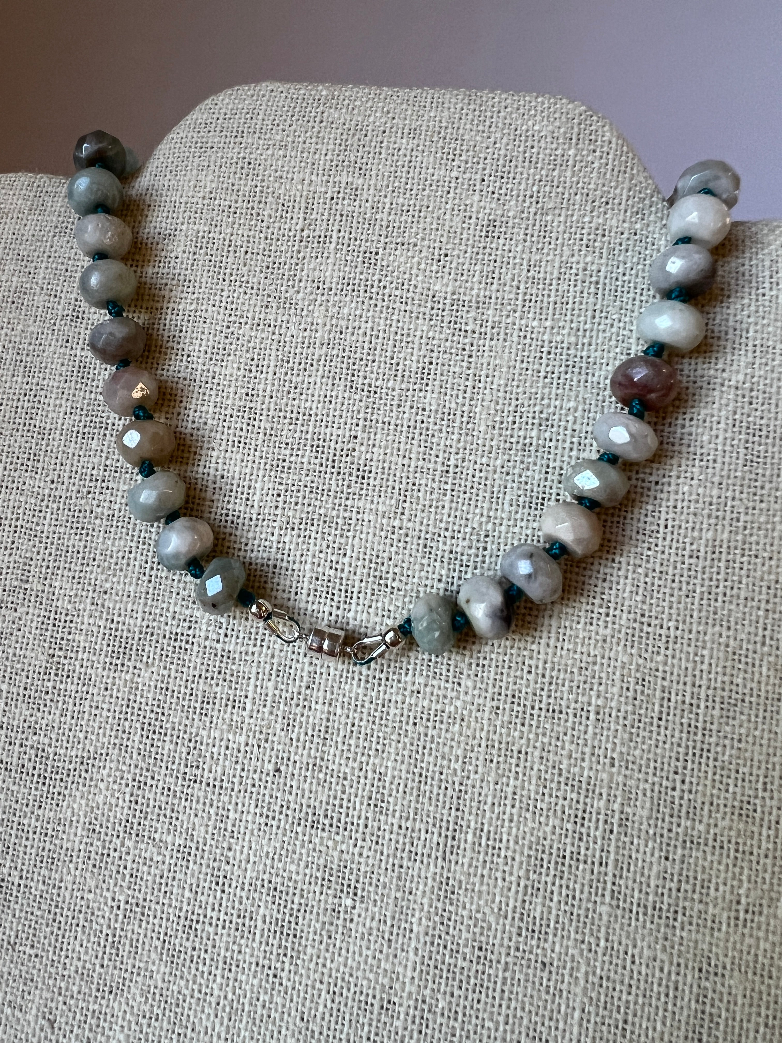 Hand-Knotted Amazonite Gemstone Necklace, Sterling Silver Magnetic Clasp