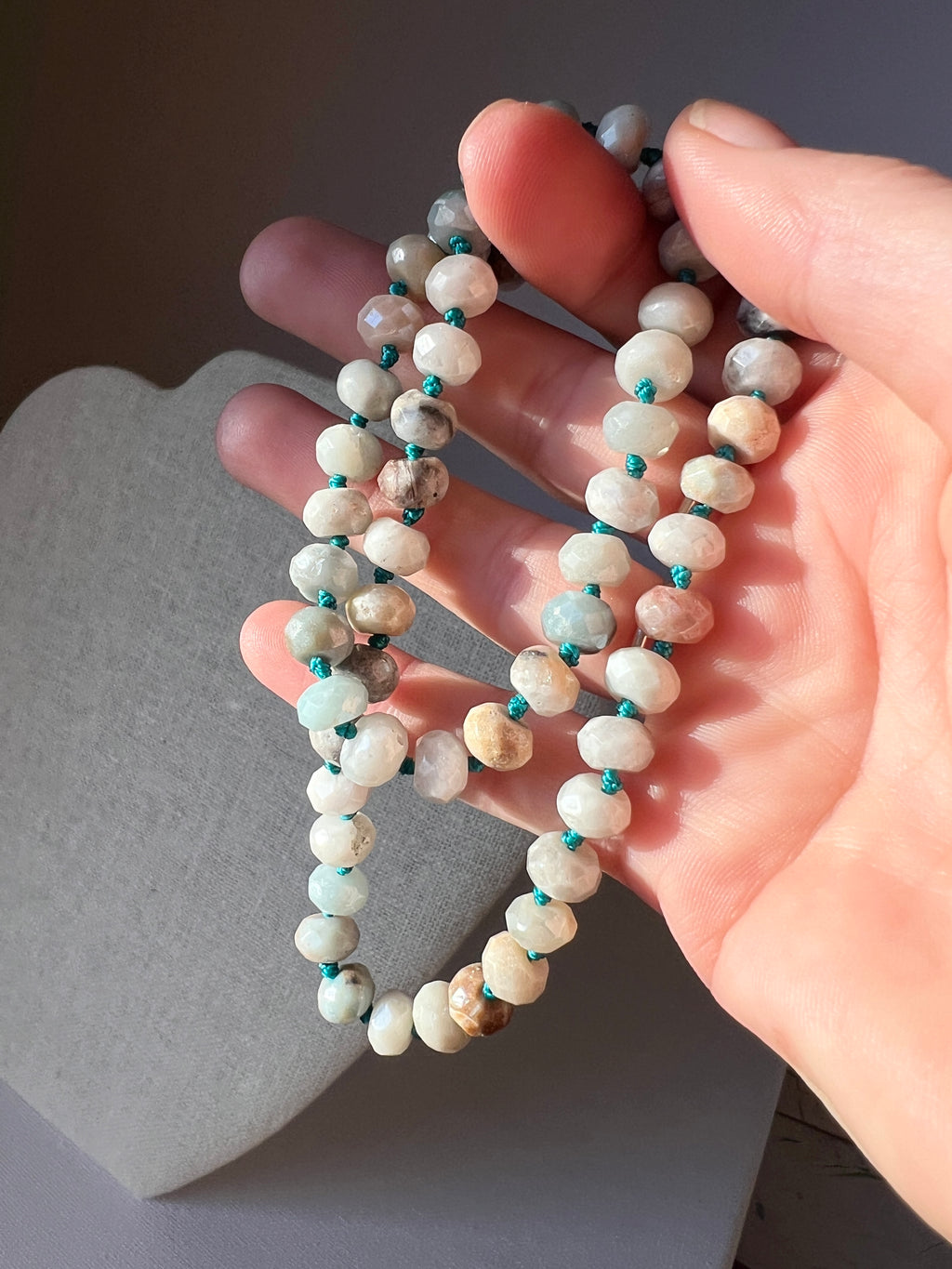 Hand-Knotted Amazonite Gemstone Necklace, Sterling Silver Magnetic Clasp