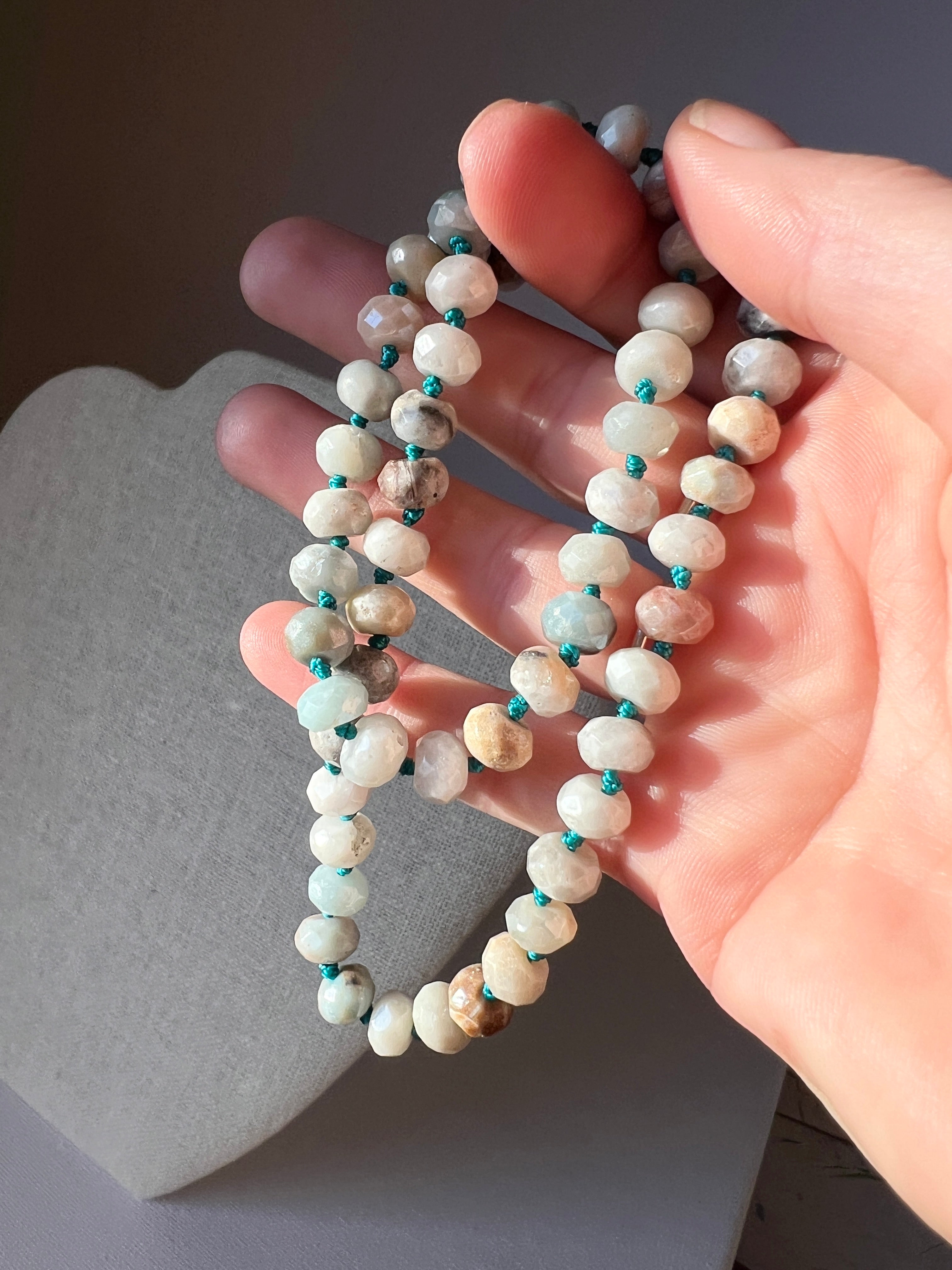 Hand-Knotted Amazonite Gemstone Necklace, Sterling Silver Magnetic Clasp