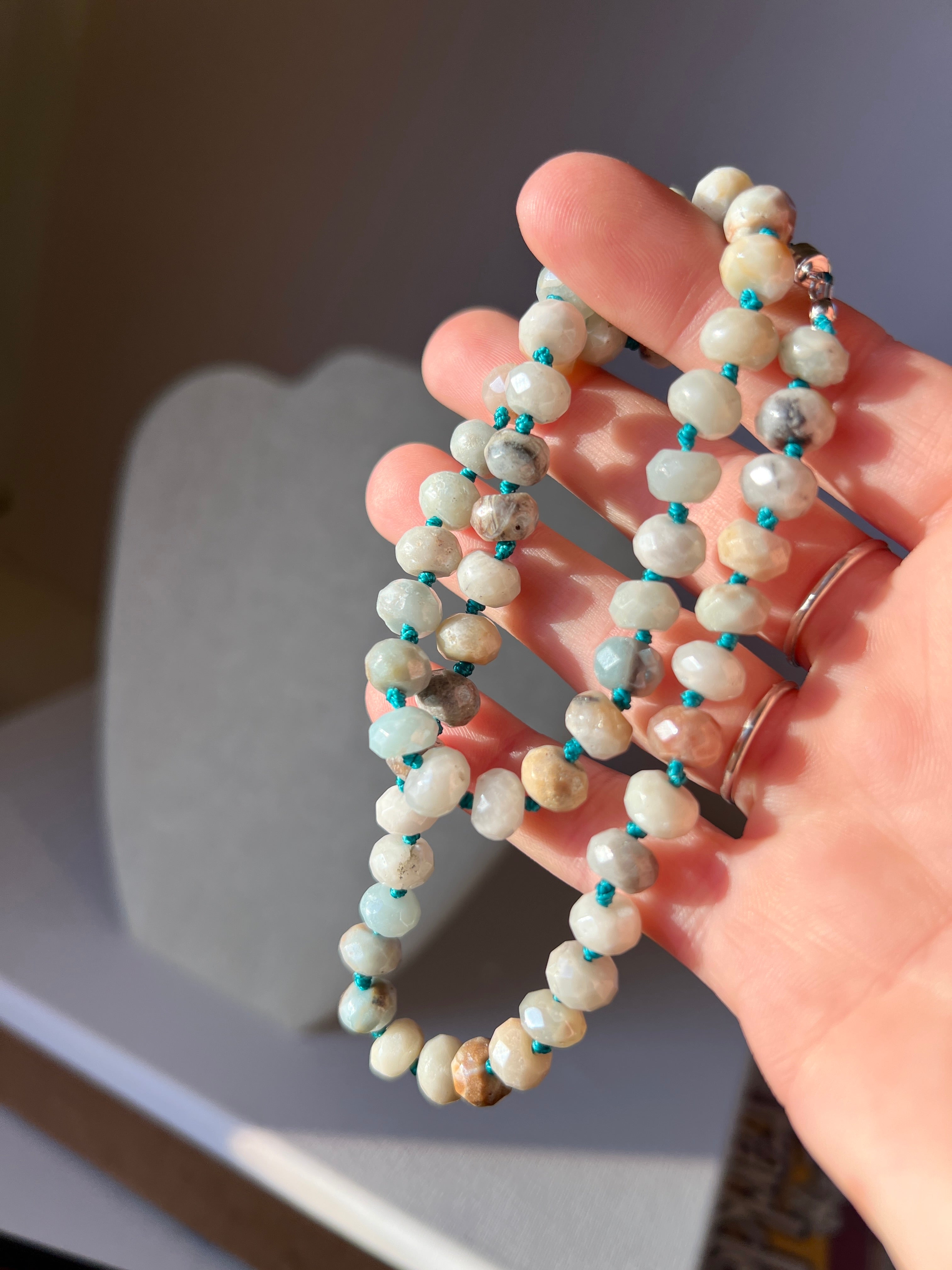 Hand-Knotted Amazonite Gemstone Necklace, Sterling Silver Magnetic Clasp
