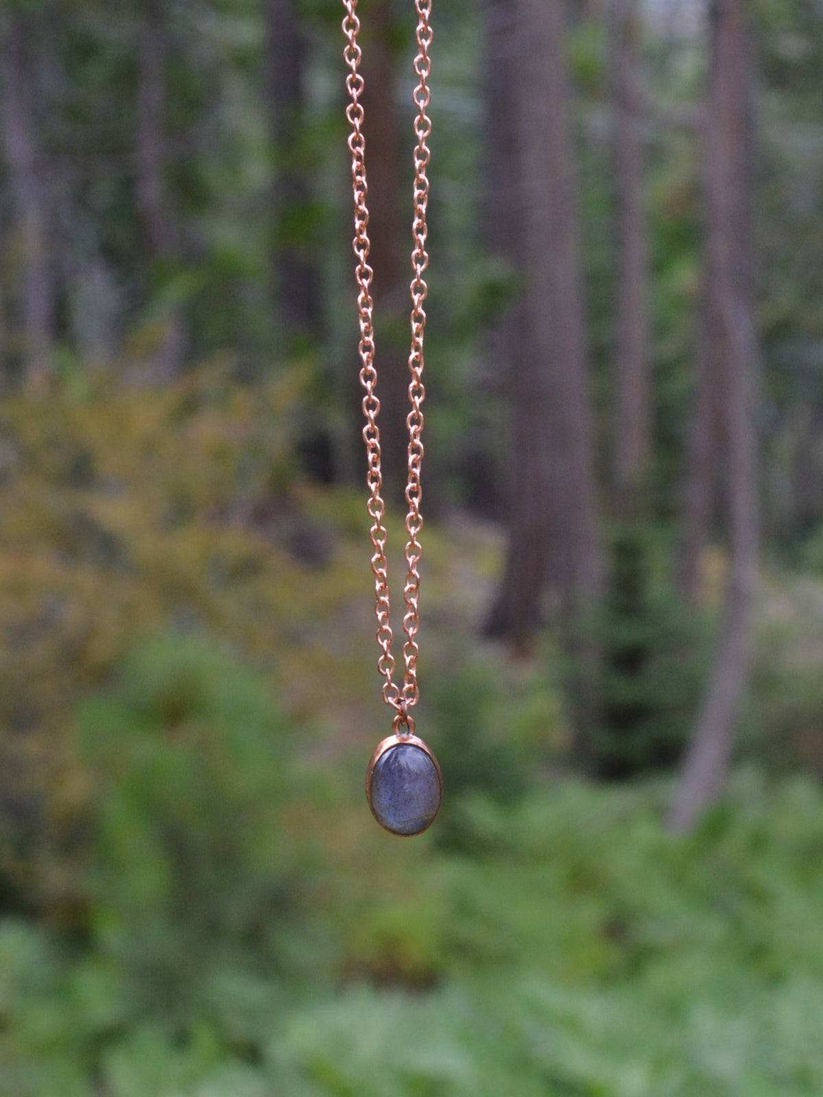 A copper chain necklace with an oval labradorite pendant, hanging against a blurred forest background.